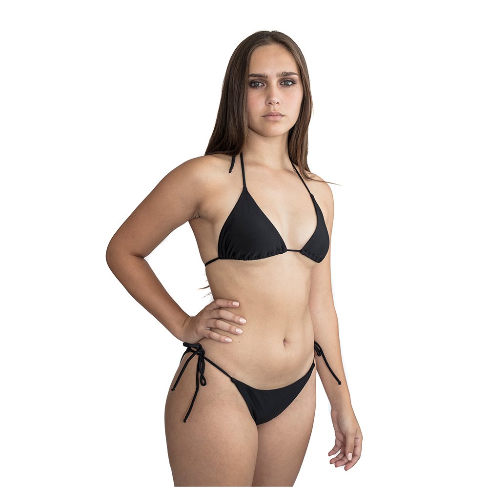 LLYLA Black String Bikini Set - Halterneck triangle bra with ruched back briefs